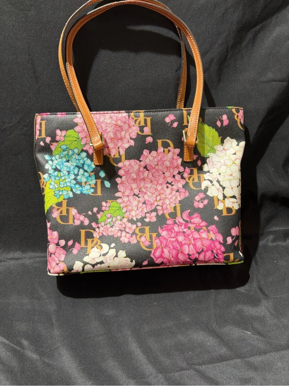 Dooney & Bourke Black Floral Tote with Pink, White, Green, Blue and Brown Trim